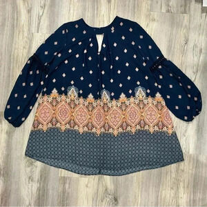 Hint of Mint 3/4 Sleeve Navy Paisley Tunic Top Flowy Boho Hippie Dress Size XL